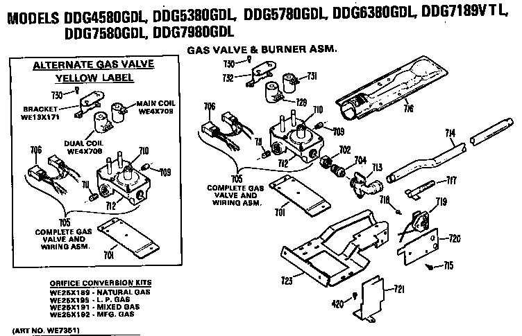 GE DDG4580GDL gas valve and burner assembly diagram