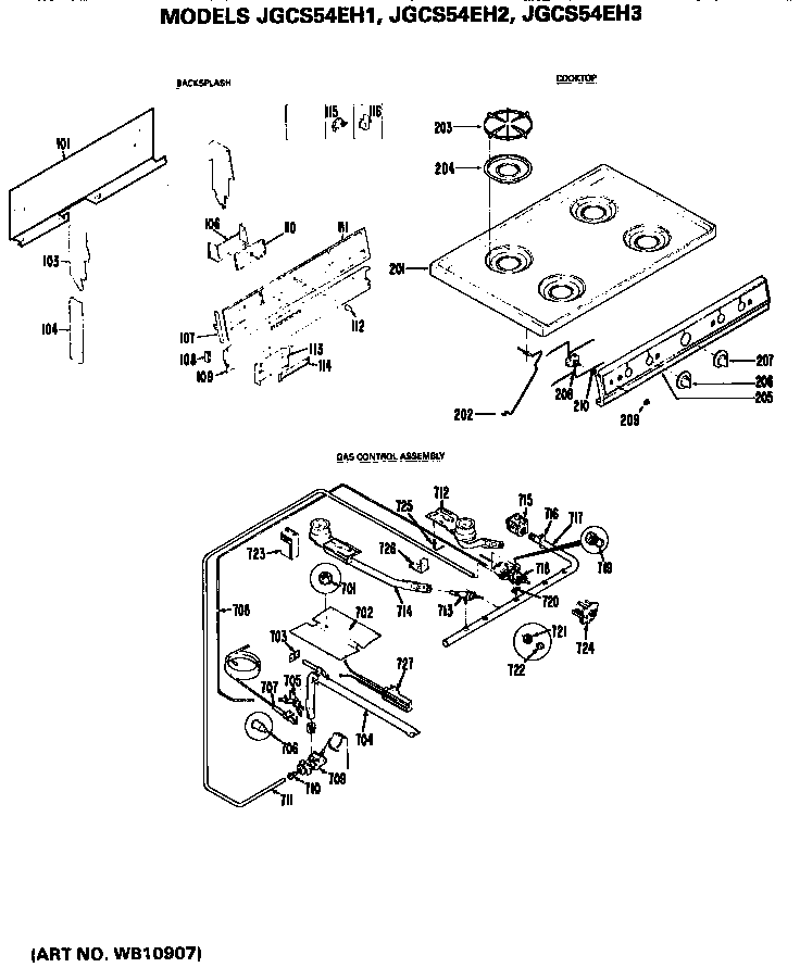GE JGCS54EH3 cooktop & gas control diagram