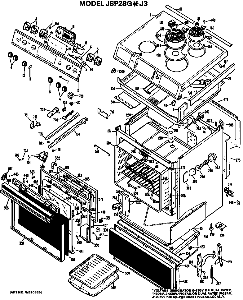 GE JSP28G*J3 main body/cooktop/controls diagram