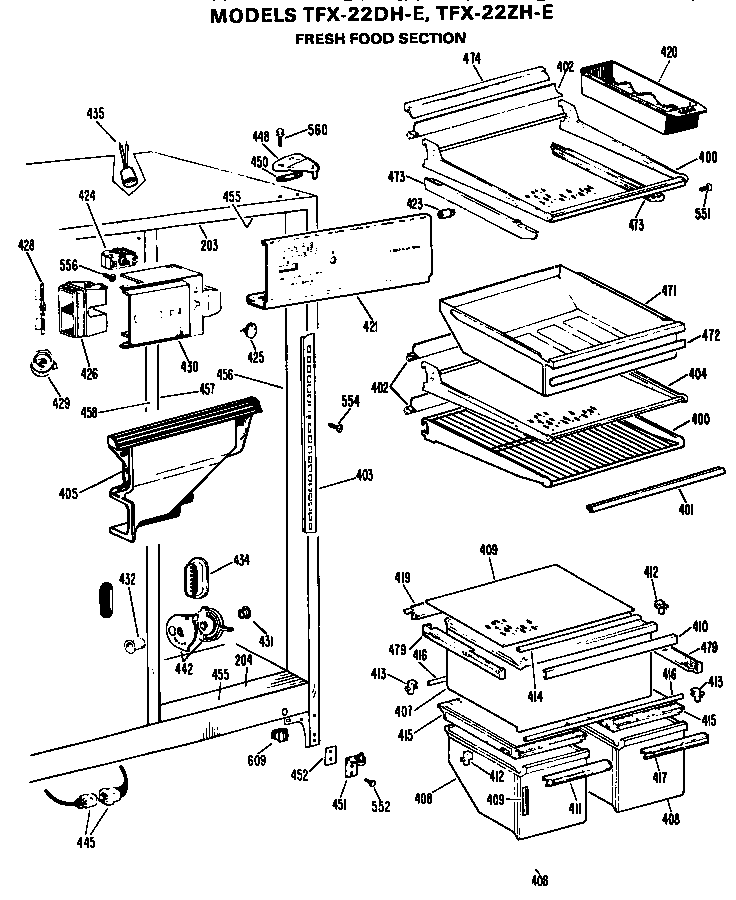 GE TFX22DHE fresh food section diagram