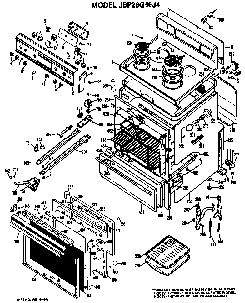 GE JBP26G*J4 main body/cooktop/controls diagram