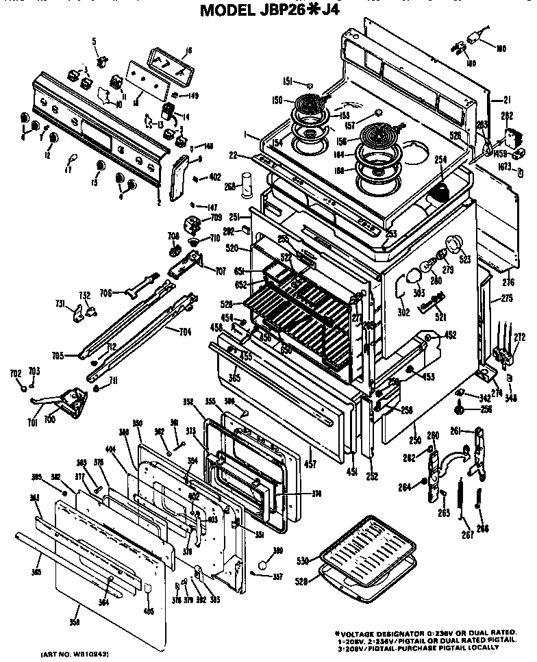 GE JBP26*J4 main body/cooktop/controls diagram