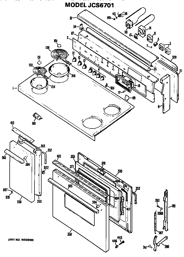 GE JCS6701 cooktop/controls/door diagram
