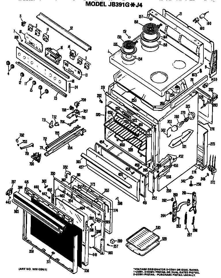 GE JB391G*J4 main body/cooktop/controls diagram