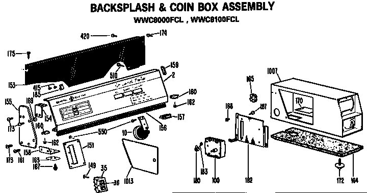 GE WWC7500FCL backsplash and coin box for wwc8000fcl and wwc8100fcl diagram