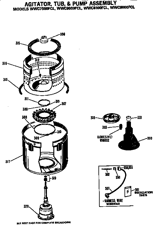 GE WWC7500FCL agitator, tub and pump assembly diagram