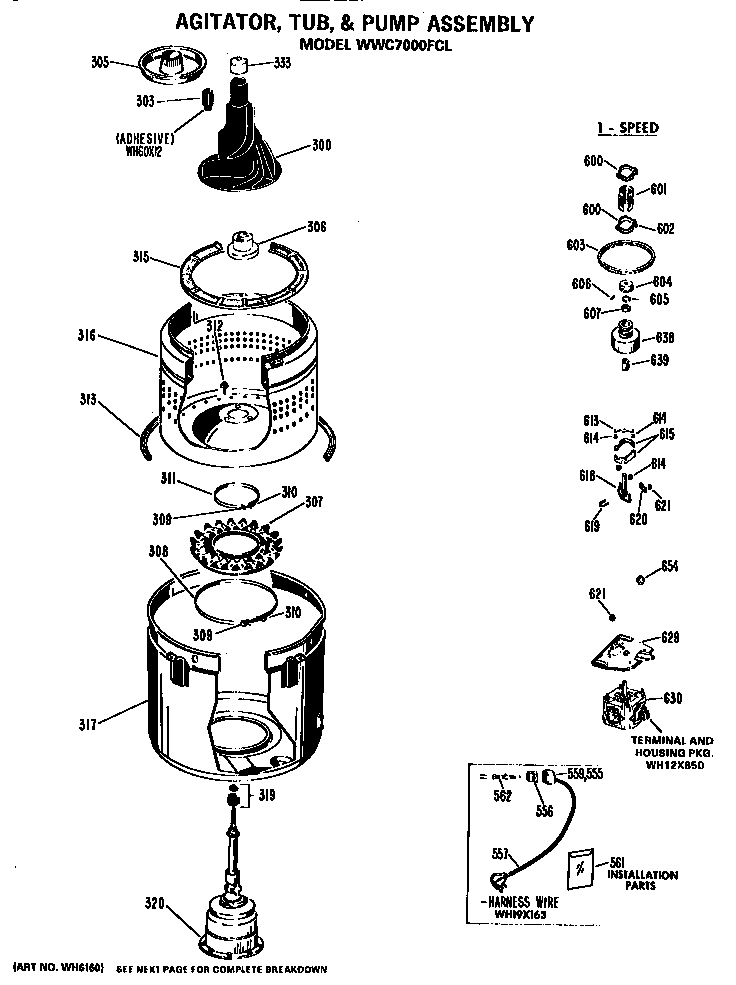 GE WWC7000FCL agitator, tub and pump assembly diagram