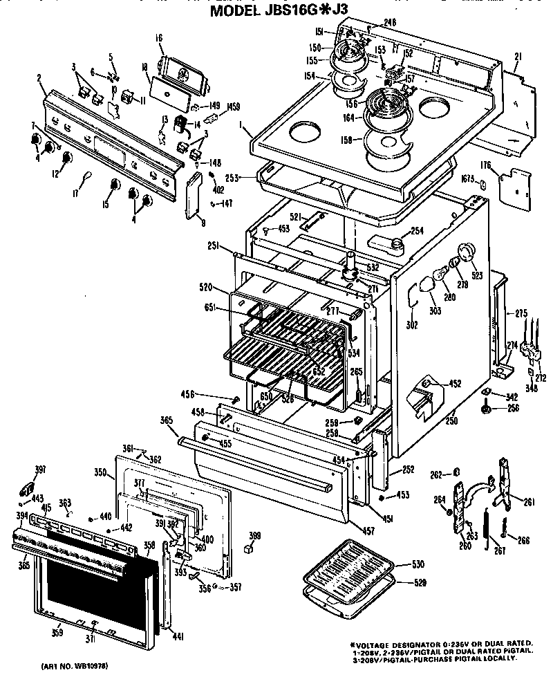 GE JBS16G*J3 main body/cooktop/controls diagram