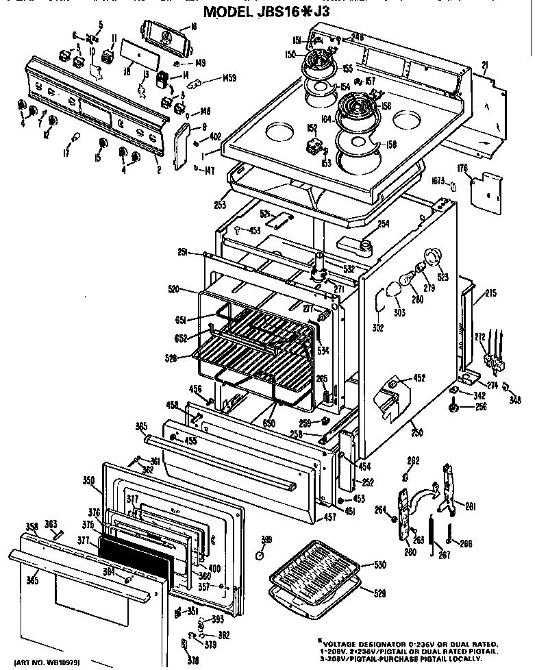 GE JBS16*J3 main body/cooktop/controls diagram