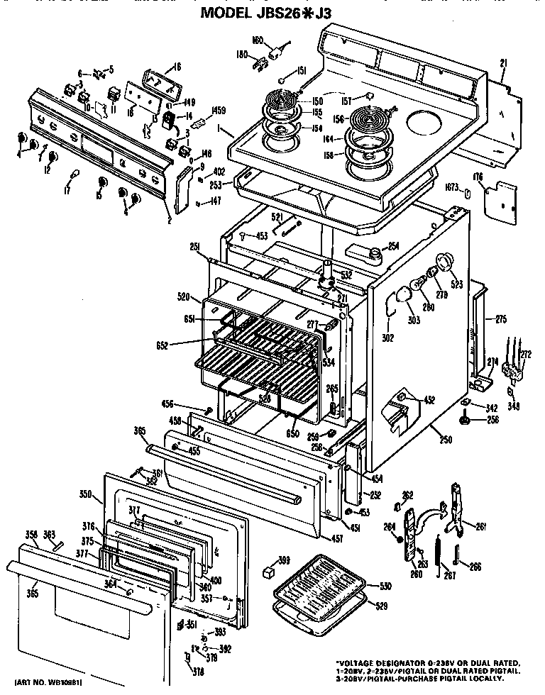 GE JBS26*J3 main body/cooktop/controls diagram