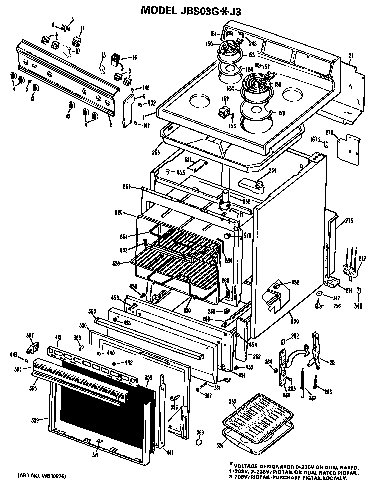 GE JBS03G*J3 main body/cooktop/controls diagram