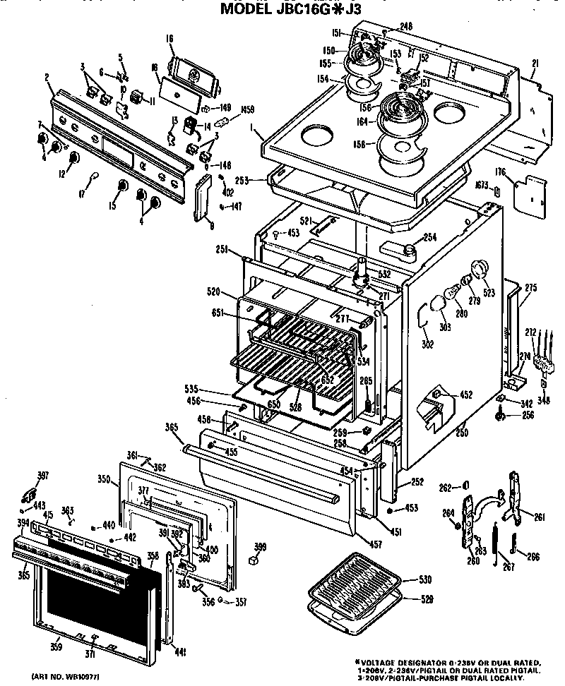GE JBC16G*J3 main body/cooktop/controls diagram