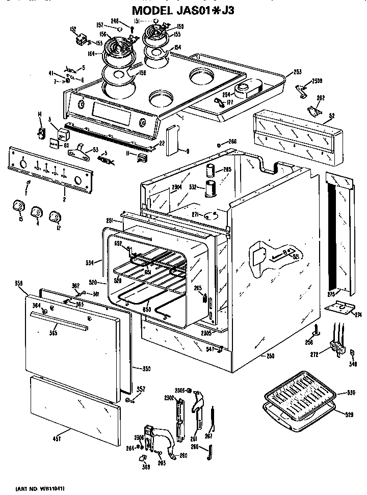 GE JAS01*J3 main body/cooktop/controls diagram