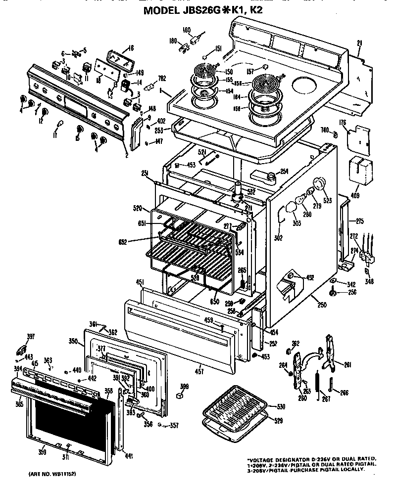 GE JBS26GK2 main body/cooktop/controls diagram