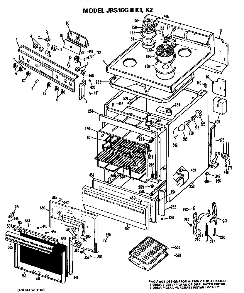GE JBS16G*K1 main body/cooktop/controls diagram
