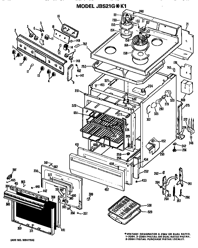 GE JBS21G*K1 main body/cooktop/controls diagram