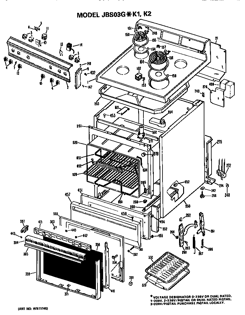 GE JBS03GK1 main body/cooktop/controls diagram
