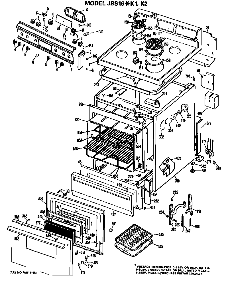 GE JBS16*K2 main body/cooktop/controls diagram