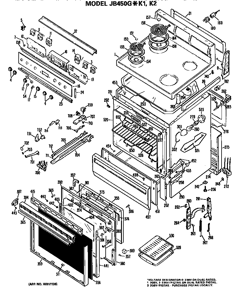 GE JB450GK2 main body/cooktop/controls diagram