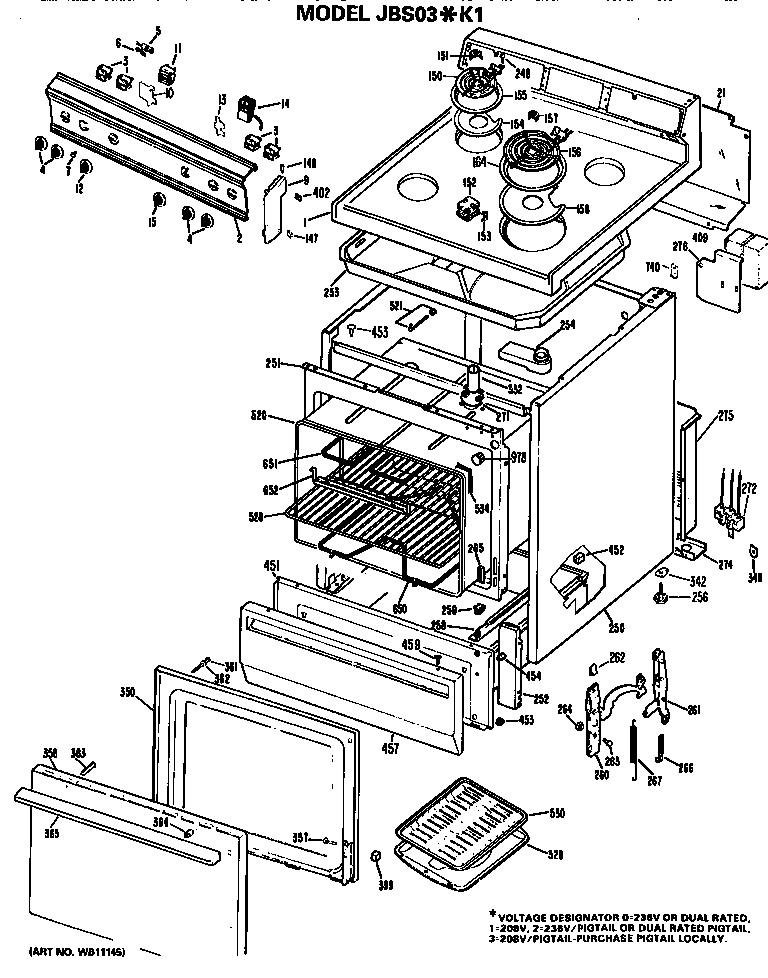 GE JBS03K1 main body/cooktop/controls diagram