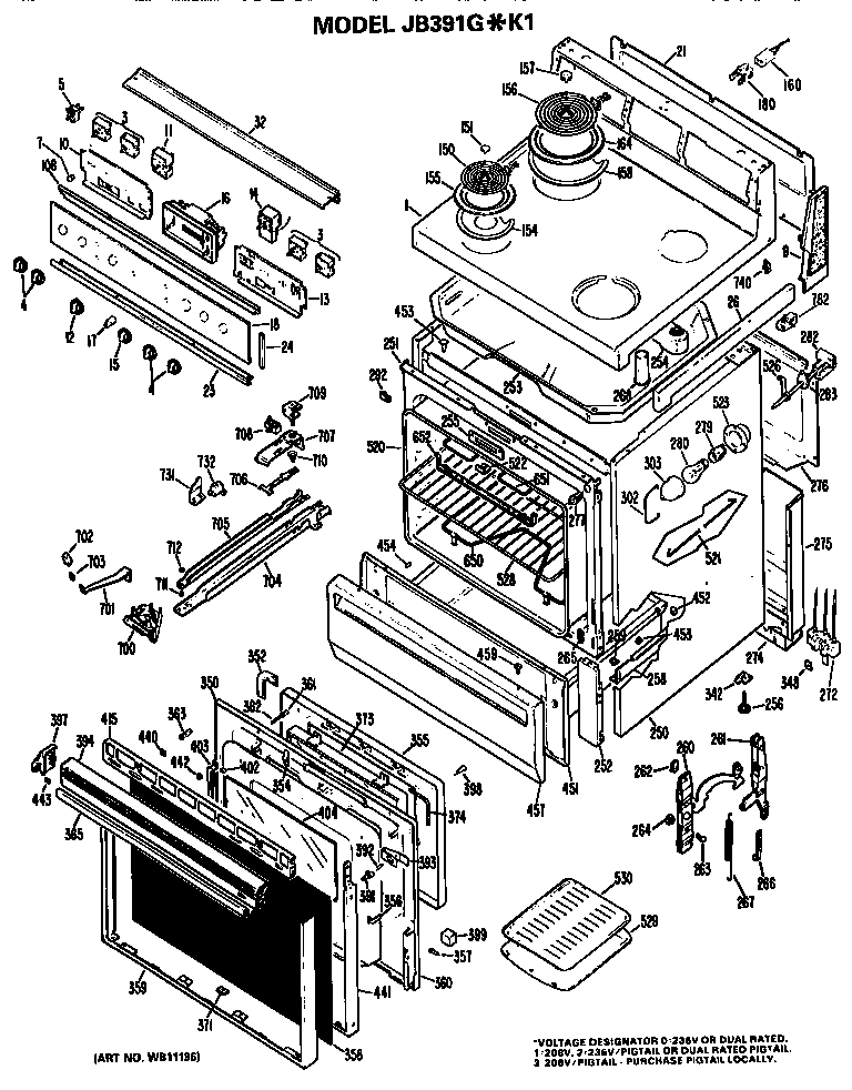 GE JB391G*K1 main body/cooktop/controls diagram