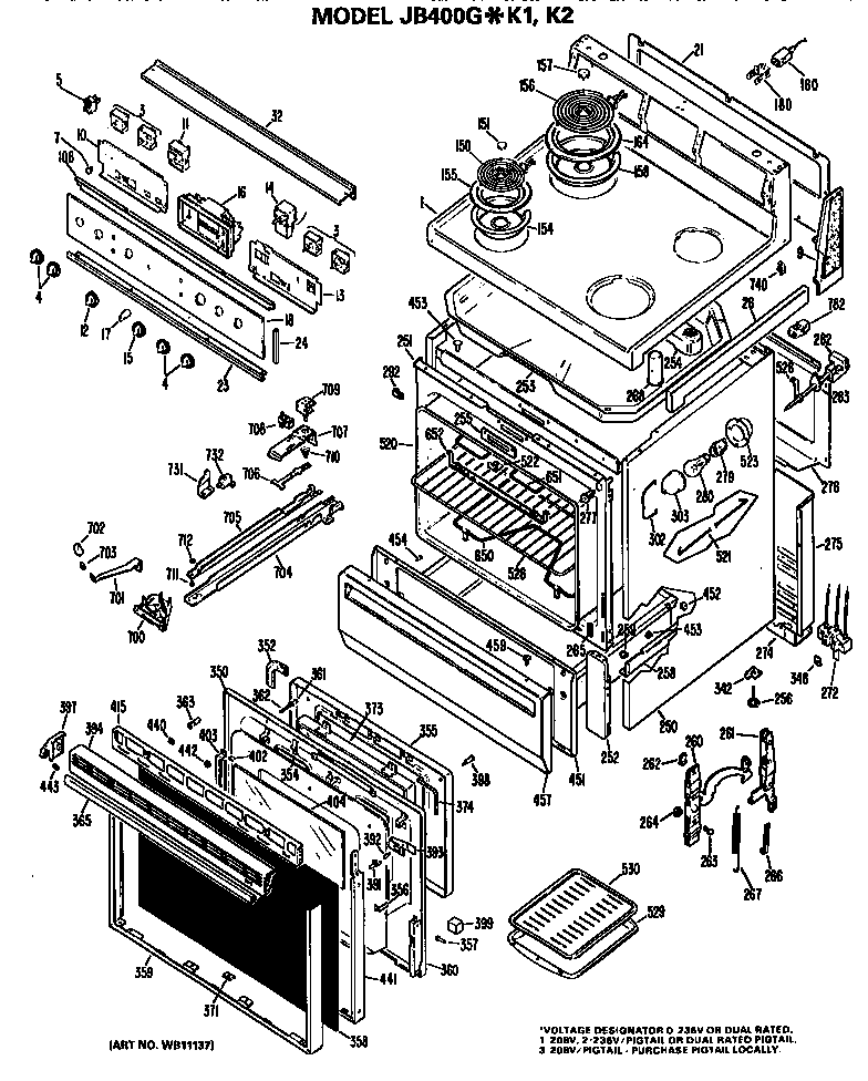 GE JB400G*K1 main body/cooktop/controls diagram
