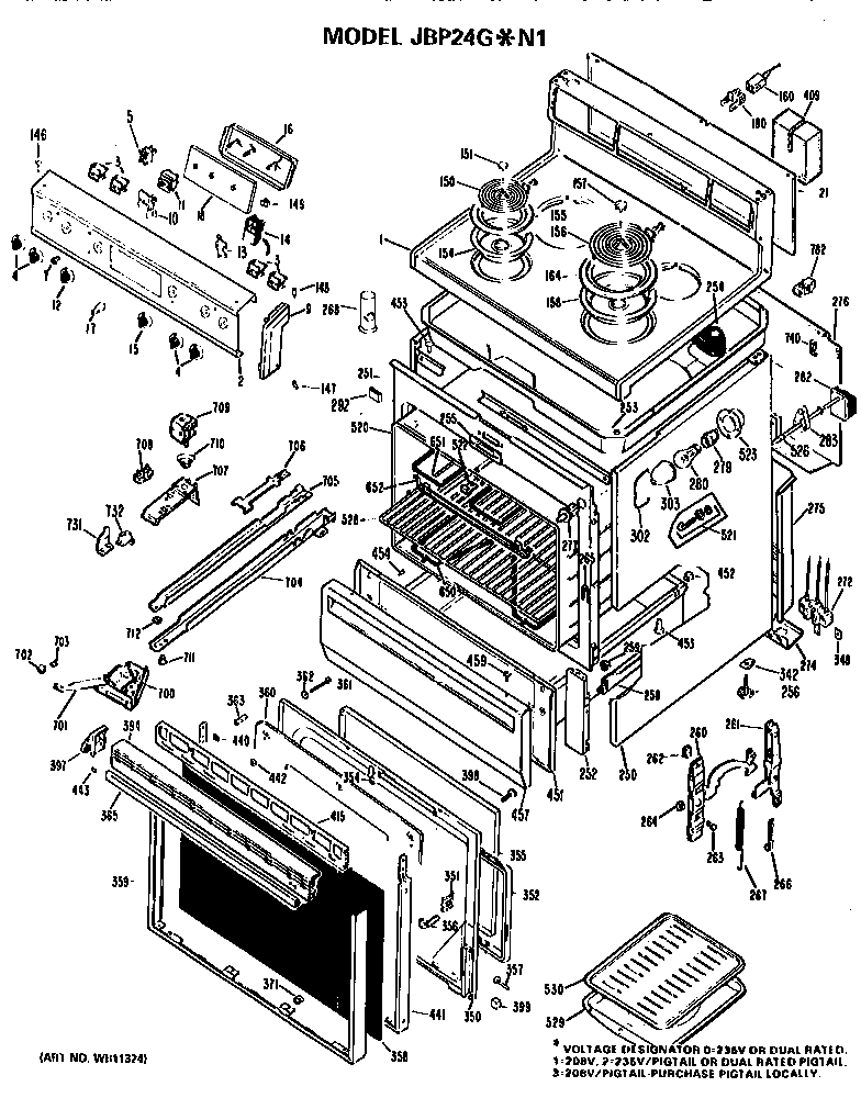GE JBP24G*N1 main body/cooktop/controls diagram