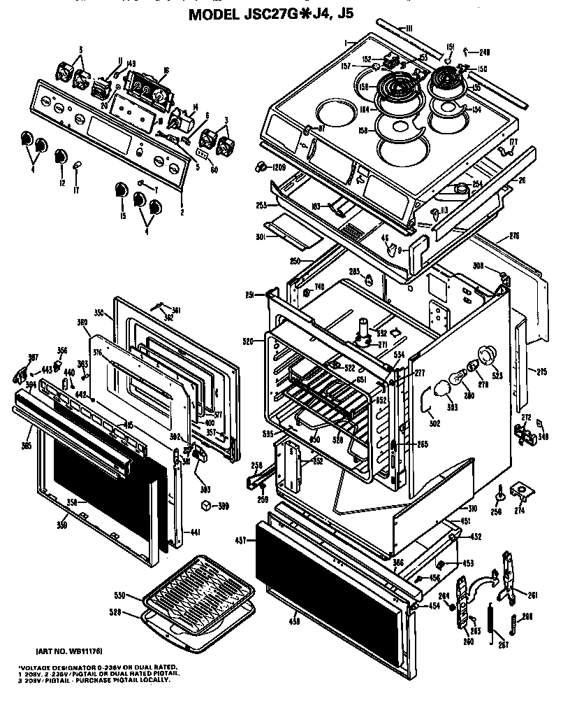 GE JSC27G*J4 main body/cooktop/controls diagram