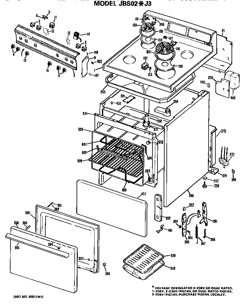 GE JBS02*J3 main body/cooktop/controls diagram
