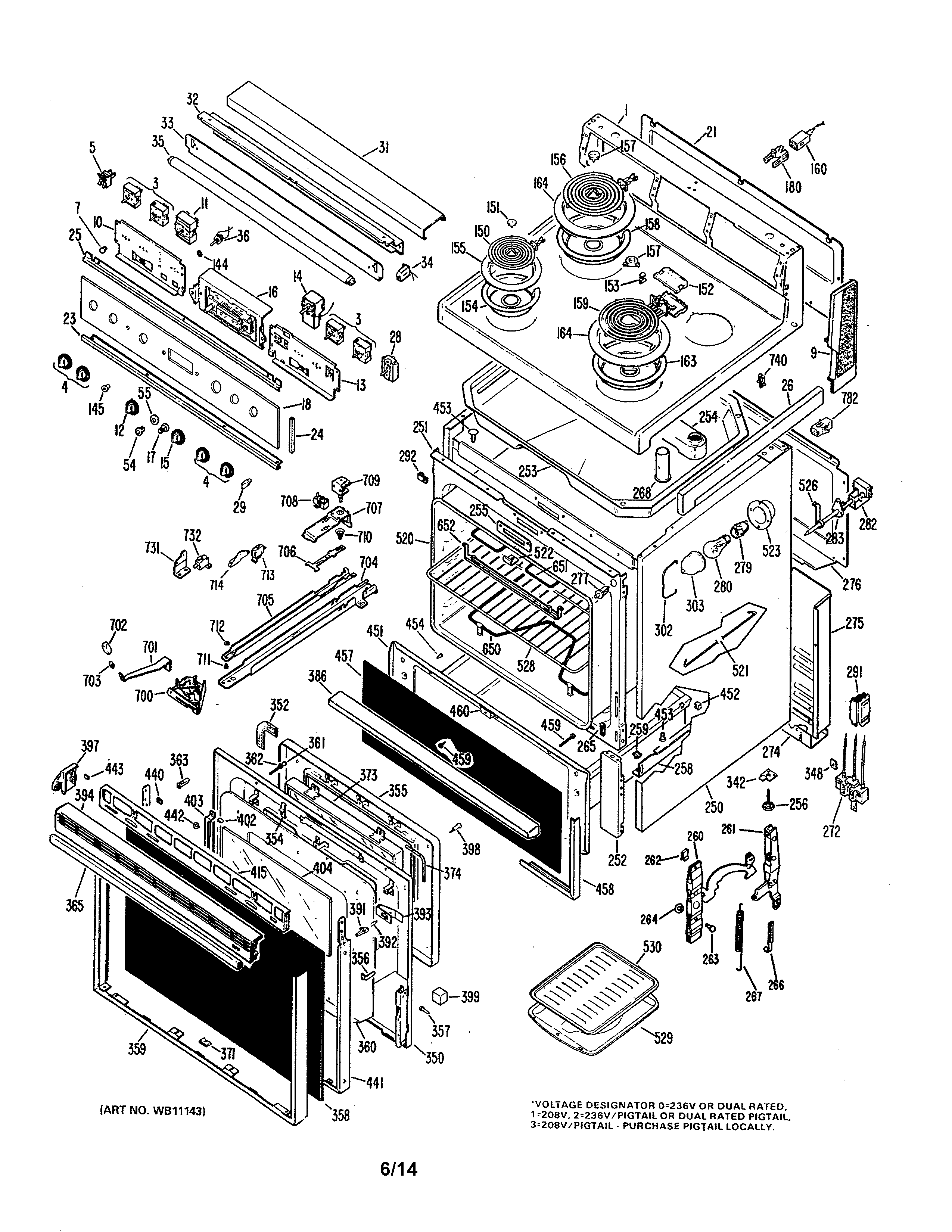 GE JB550GJ4 main body/cooktop/controls diagram