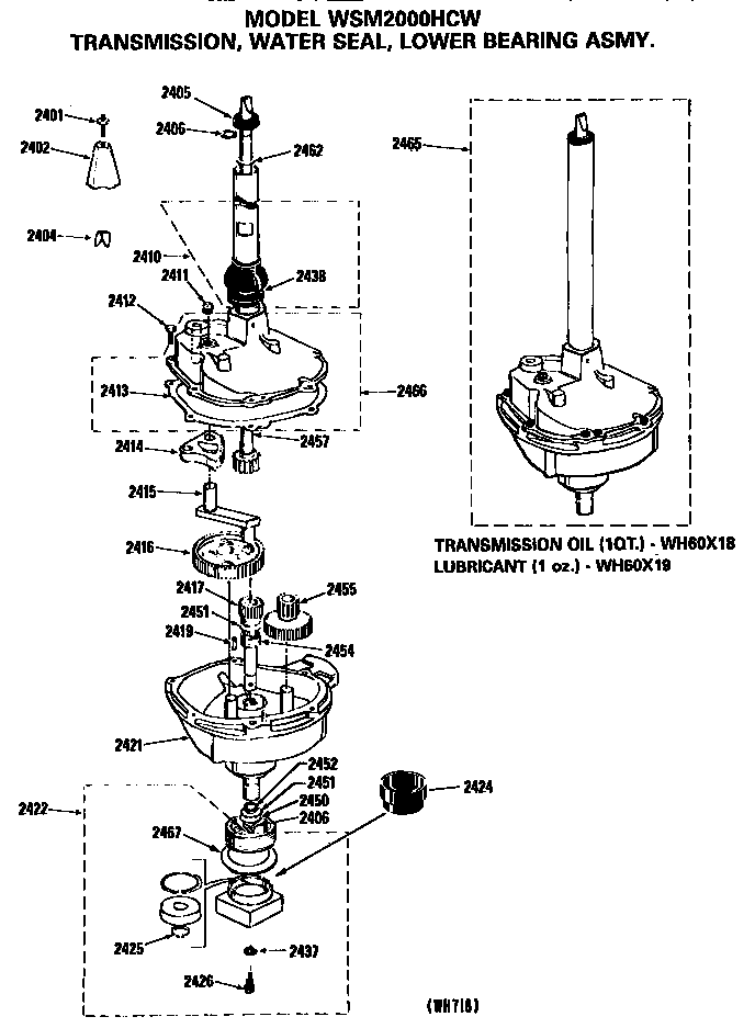 GE WSM2000HCW transmission, water seal and lower bearing assemlby diagram