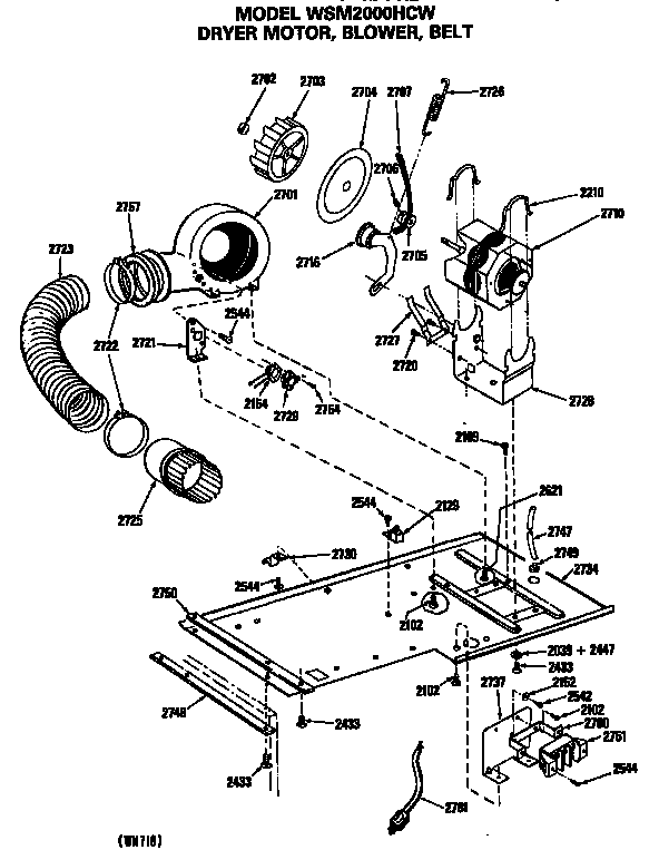 GE WSM2000HCW dryer motor, blower and belt diagram