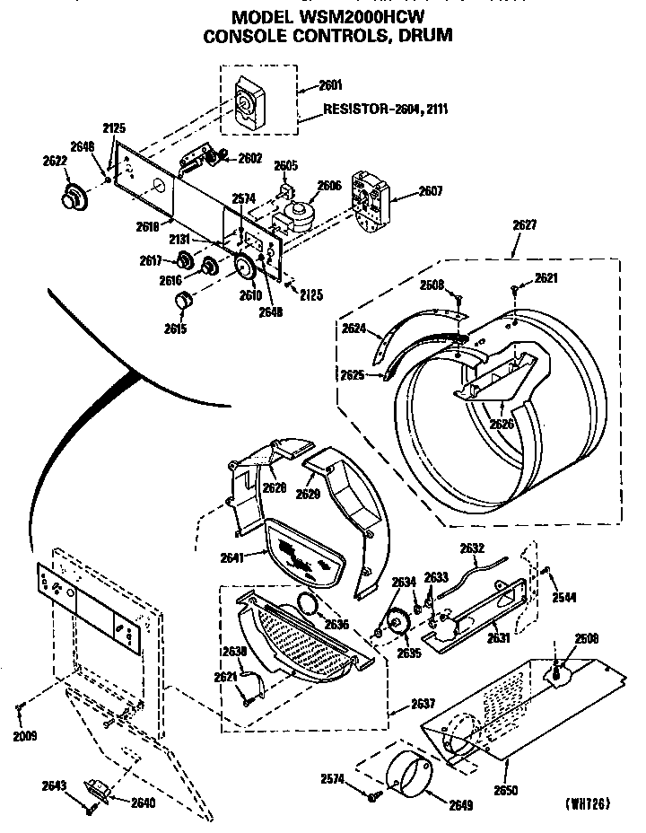 GE WSM2000HCW console controls and drum diagram