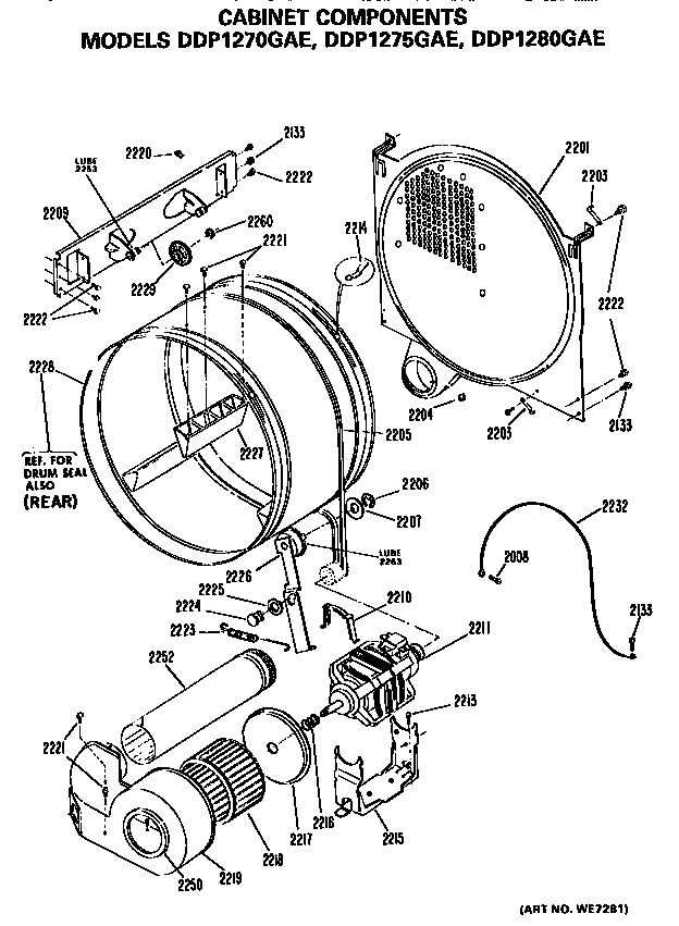GE DDP1275GAE drum, motor and blower diagram