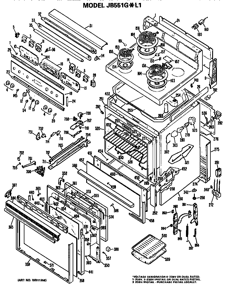 GE JB551G*L1 main body/cooktop/controls diagram