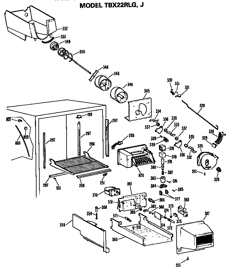 GE TBX22RLGLAD ice bucket/auger diagram