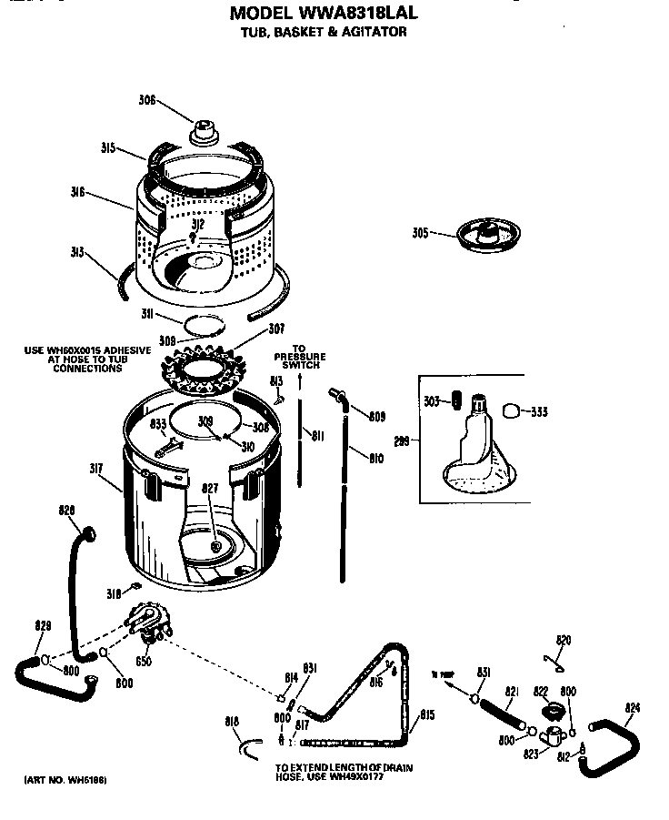GE WWA8318LAL tub, basket and agitator diagram