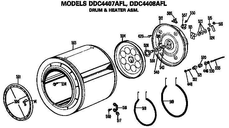GE DDC4408AFL drum and heater assembly diagram