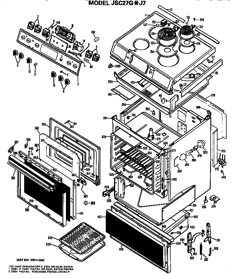 GE JSC27G*J7 main body/cooktop/controls diagram