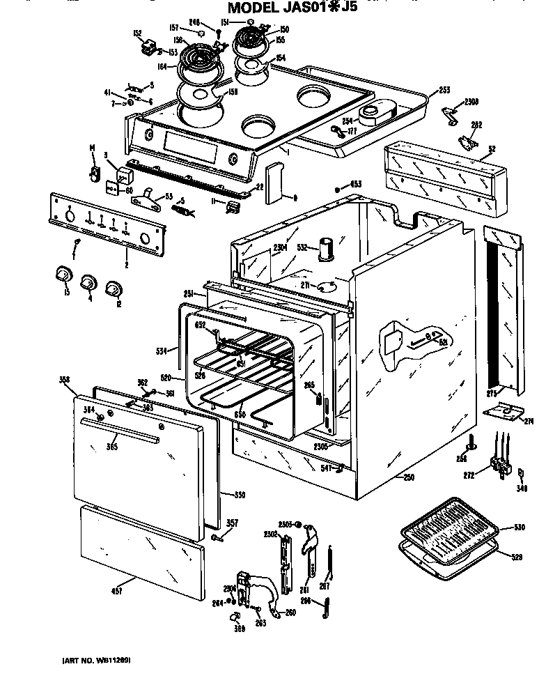 GE JAS01*J5 main body/cooktop/controls diagram