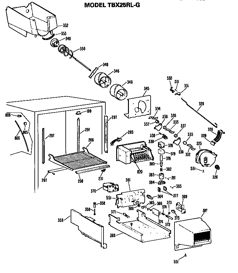 GE TBX25RLGR ice bucket/auger diagram