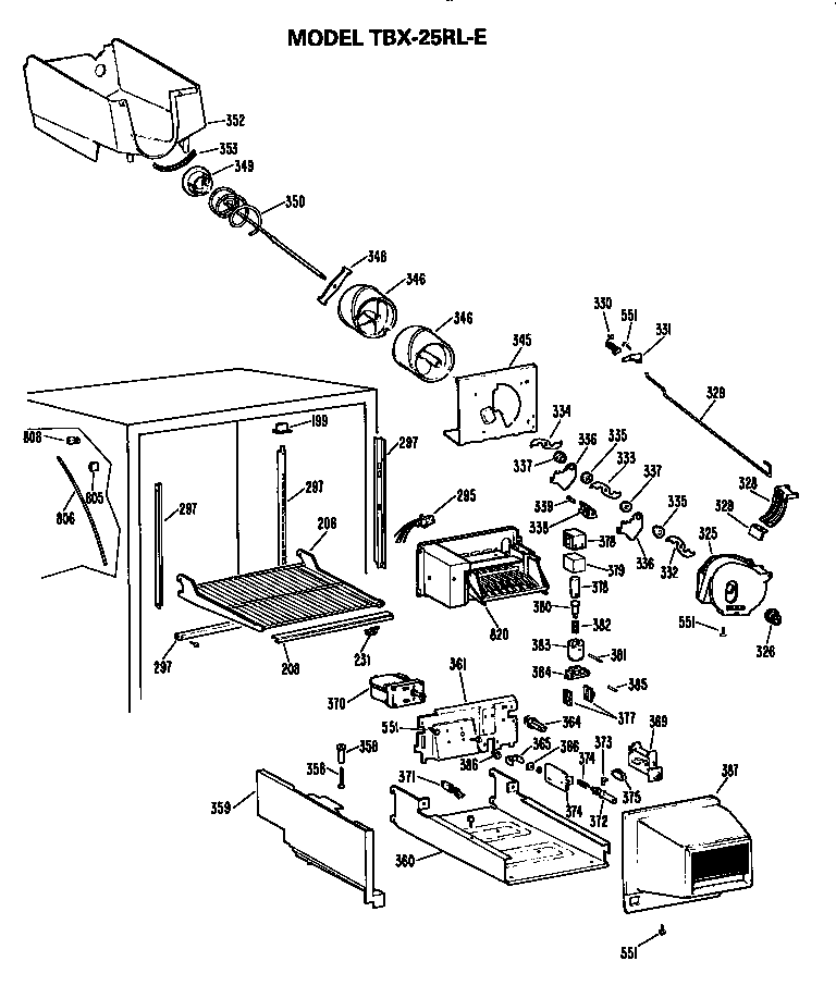 GE TBX25RLER ice bucket/auger diagram