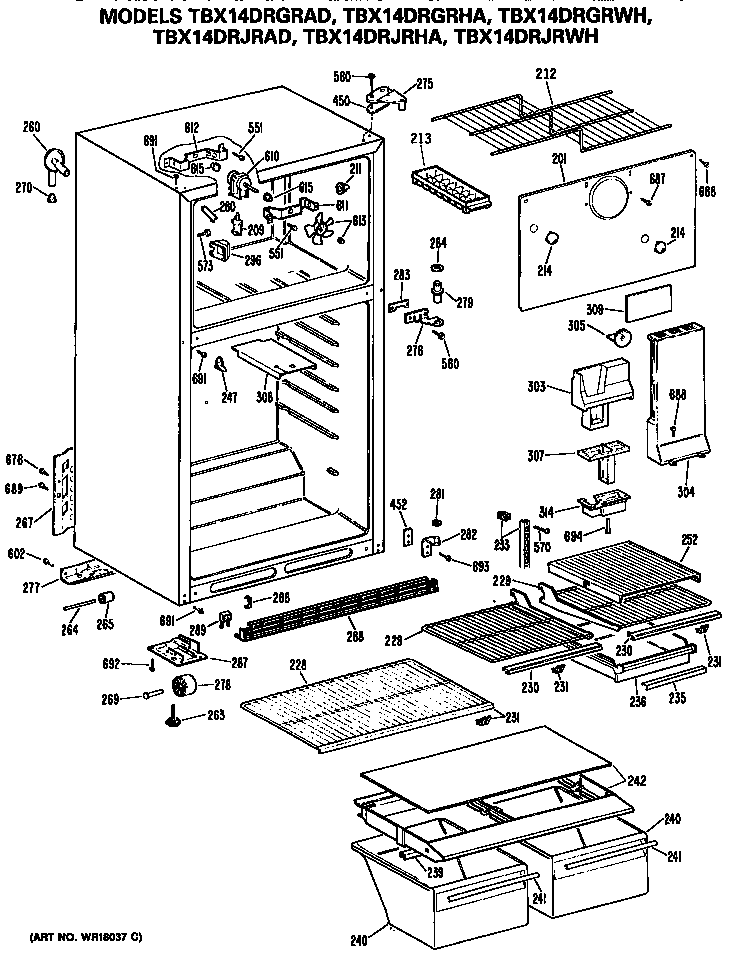 GE TBX14DRJRAD cabinet parts diagram