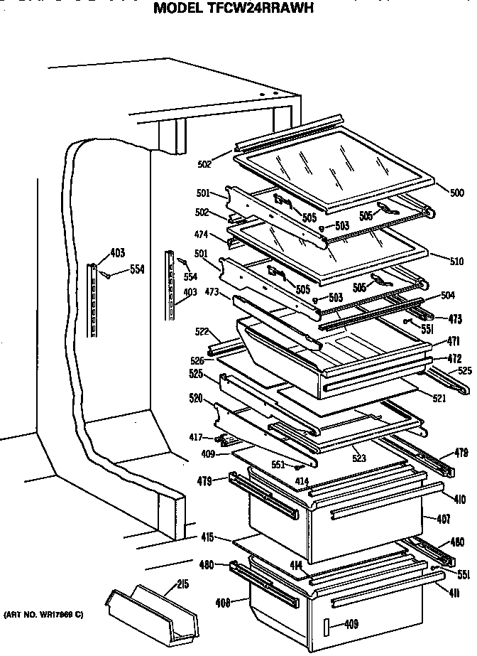 GE TFCW24RRAWH fresh food shelves diagram