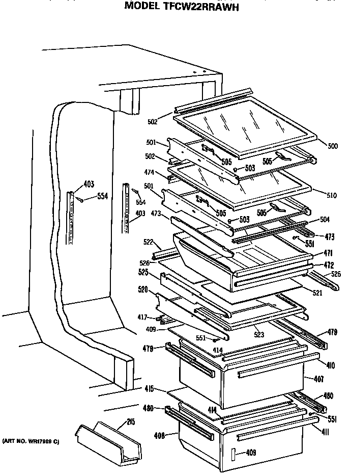 GE TFCW22RRAWH fresh food shelves diagram