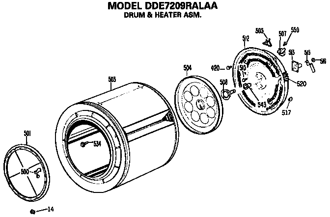 GE DDE7209RALAA drum and heater diagram