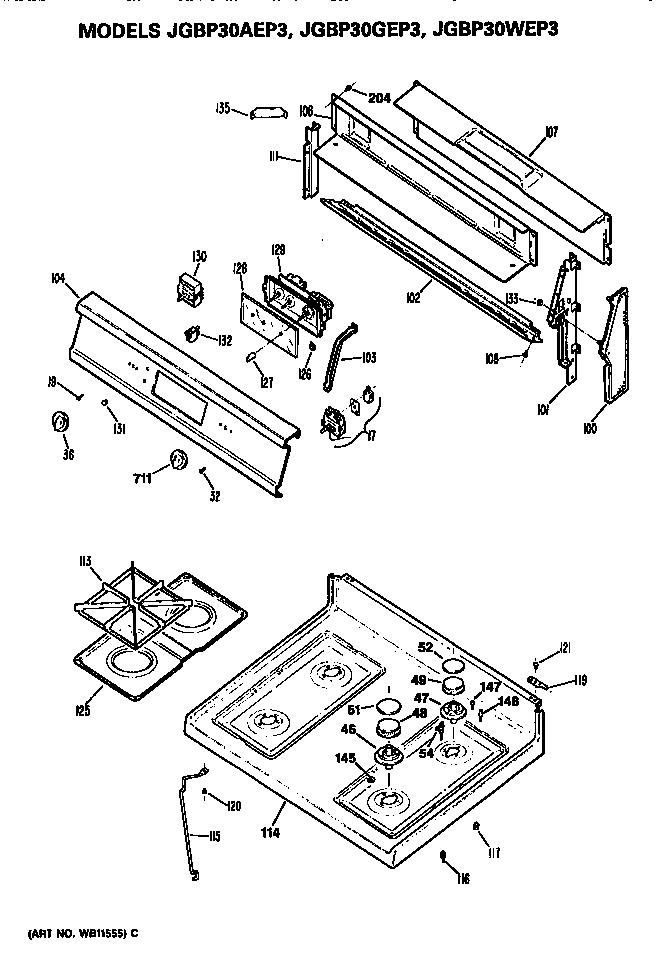 GE JGBP30WEP3 control and cooktop diagram