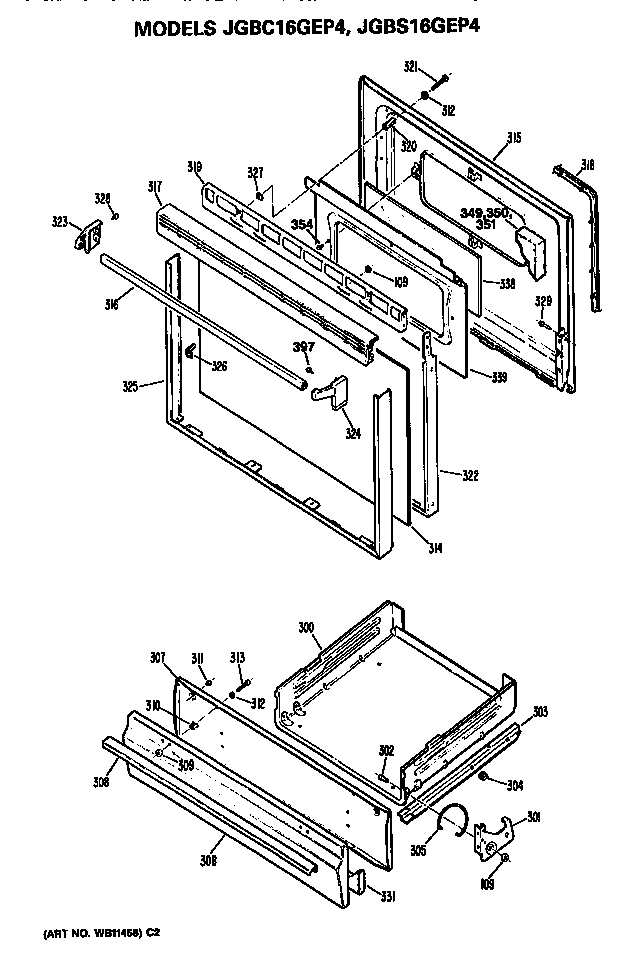 GE JGBS16GEP4 door & broiler assembly diagram