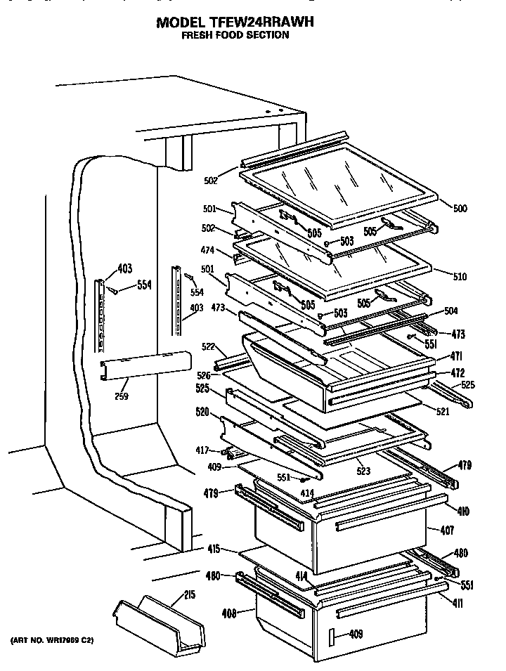 GE TFEW24RRAWH fresh food shelves diagram