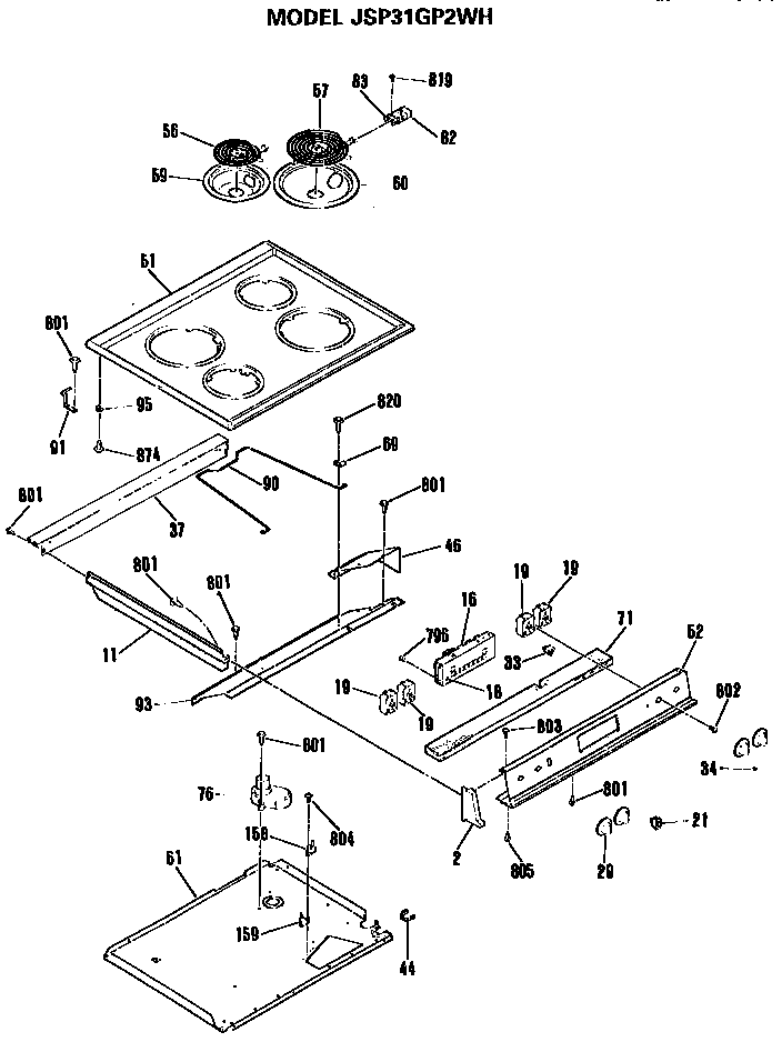 GE JSP31GP2WH top and controls diagram